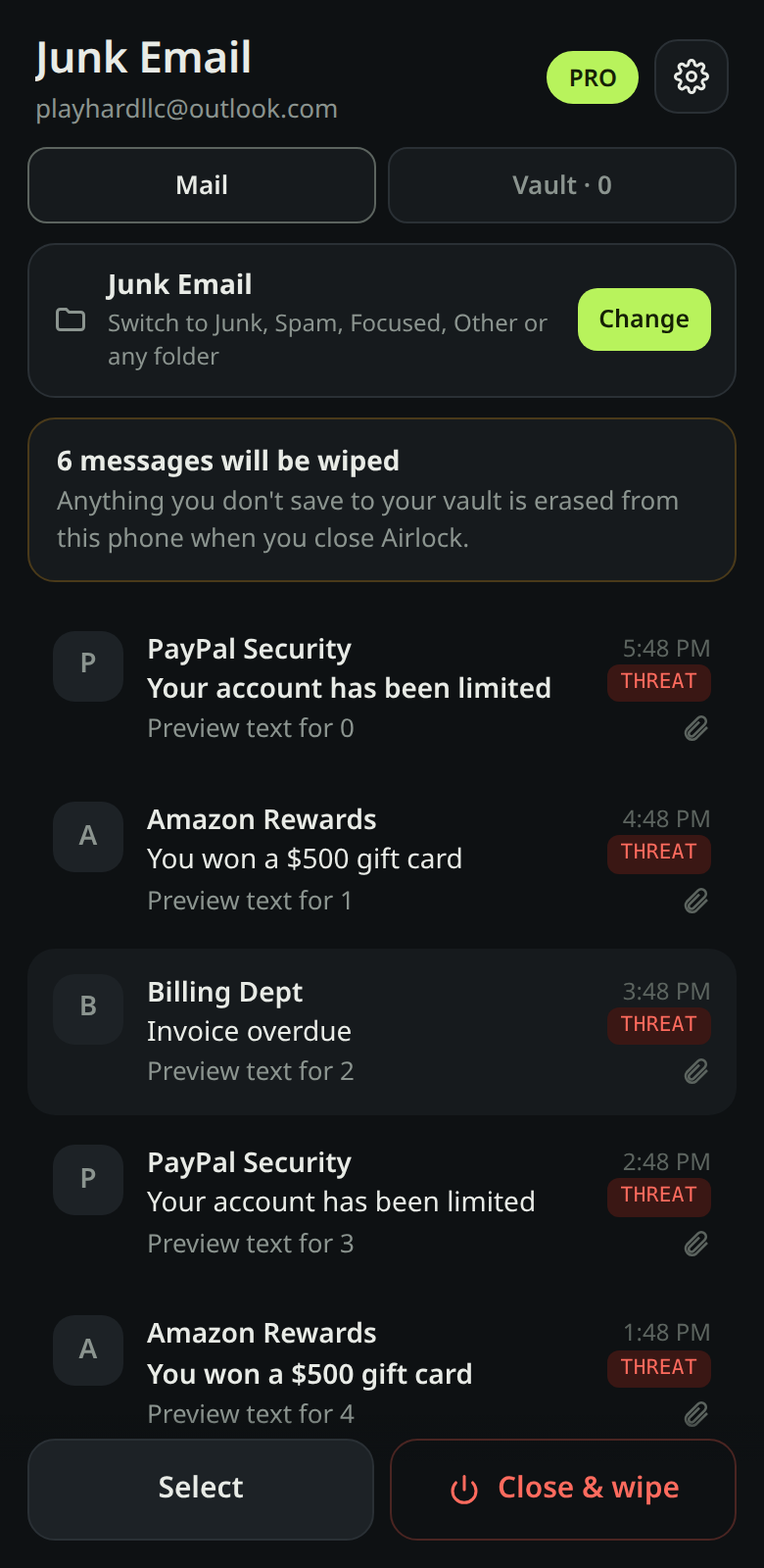 Junk folder with threat labels