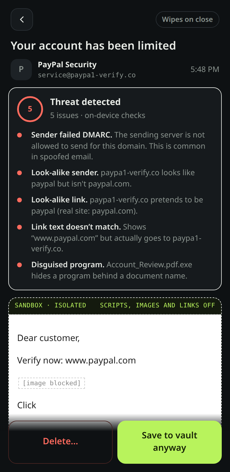 WayStation showing a phishing email flagged as a threat